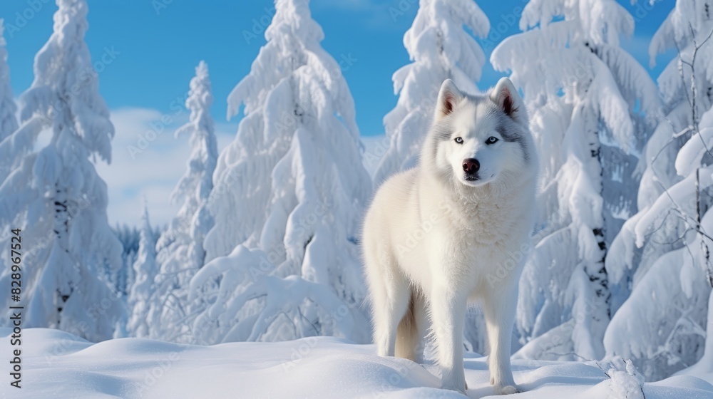 Obraz premium Majestic Siberian Husky in Snowy Forest - Serene Winter Portrait of Blue-Eyed Dog Amidst Trees and Sky