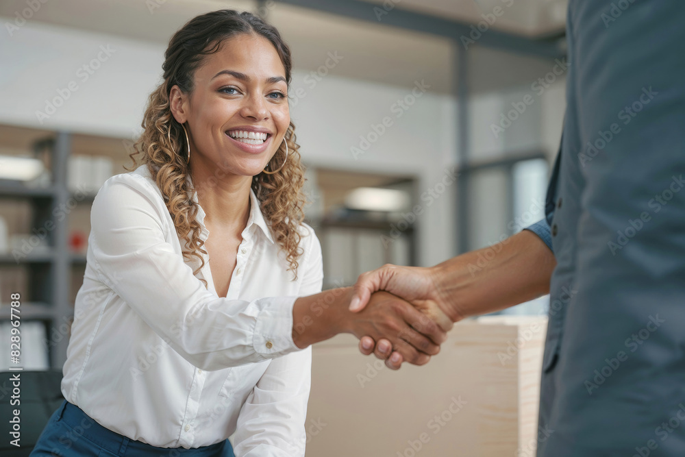Obraz premium African American woman shakes hands with a man in a business setting she is smiling and she is happy. Contract signing concept