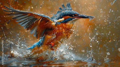 mesmerizing artwork portraying a magical moment of a Kingfisher Alcedinidae diving into crystalclear waters to catch its elusive prey captured in a spellbinding mix of realism and fantasy photo
