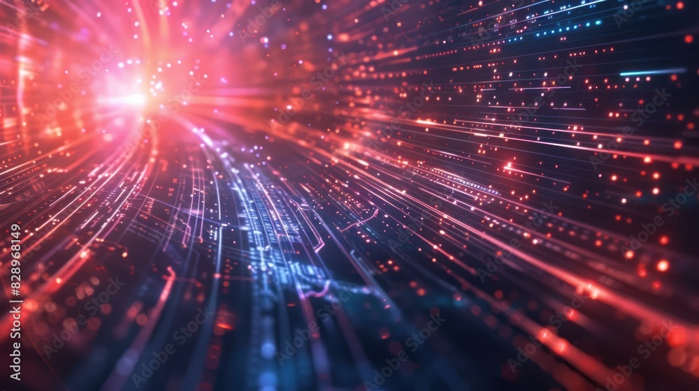 Expansive red and blue digital light streaks simulating high-speed data transfer. Concept of cyber technology and fast communication networks. Ideal for use in digital media, futuristic interfaces. Expansive red and blue digital light streaks simulating high-speed data transfer. Concept of cyber technology and fast communication networks. Ideal for use in digital media, futuristic interfaces.