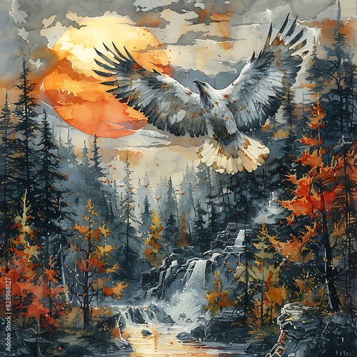mesmerizing artwork portraying fantastical scene of mythical Gryphon soaring high above majestic landscape magnificent wing outstretched against backdrop of mesmerizing sunset crafted intricate pen in photo