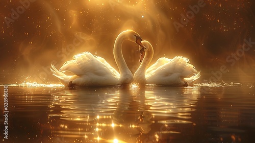 mesmerizing artwork portraying fantastical scene of pair of Swans Cygnus gliding across tranquil lake bathed soft glow of twilight their graceful form reflected shimmering water below they embark jour photo