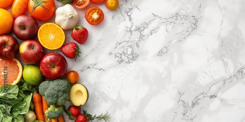 Fototapeta Naklejka Na Ścianę i Meble -  Assorted fresh fruits and veggies artistically displayed on a marble background