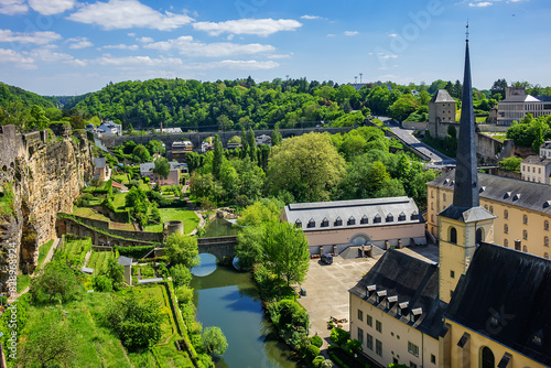 Saint John’s Church or Saint John on the Stone (Eglise Saint-Jean, 1705) in the valley and the river Alzette. Church St Jean of Grund belonged to the Benedictine Abbey of Munster. Luxembourg City.