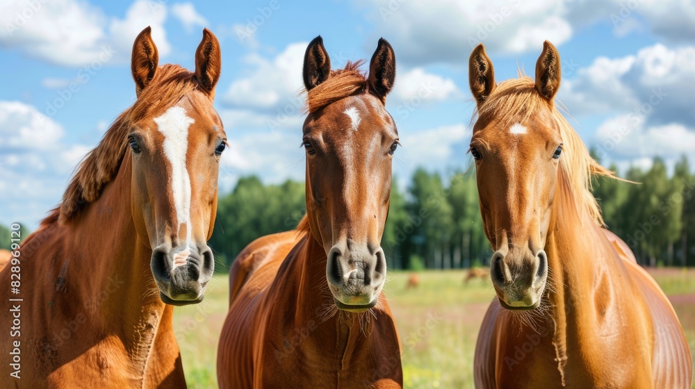 Horse Head. Group of Young Horses on Summer Pasture with Red Sky Background