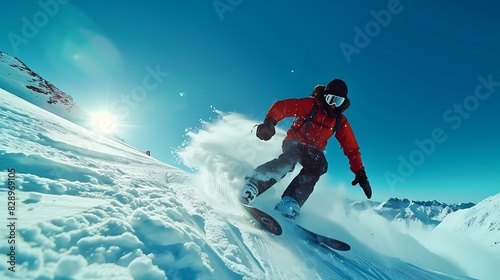 Snowboard carving down a pristine alpine slope under a clear blue sky.