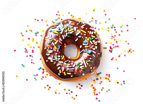 Delicious chocolate donut with colorful sprinkles on white background. Top view © seralex