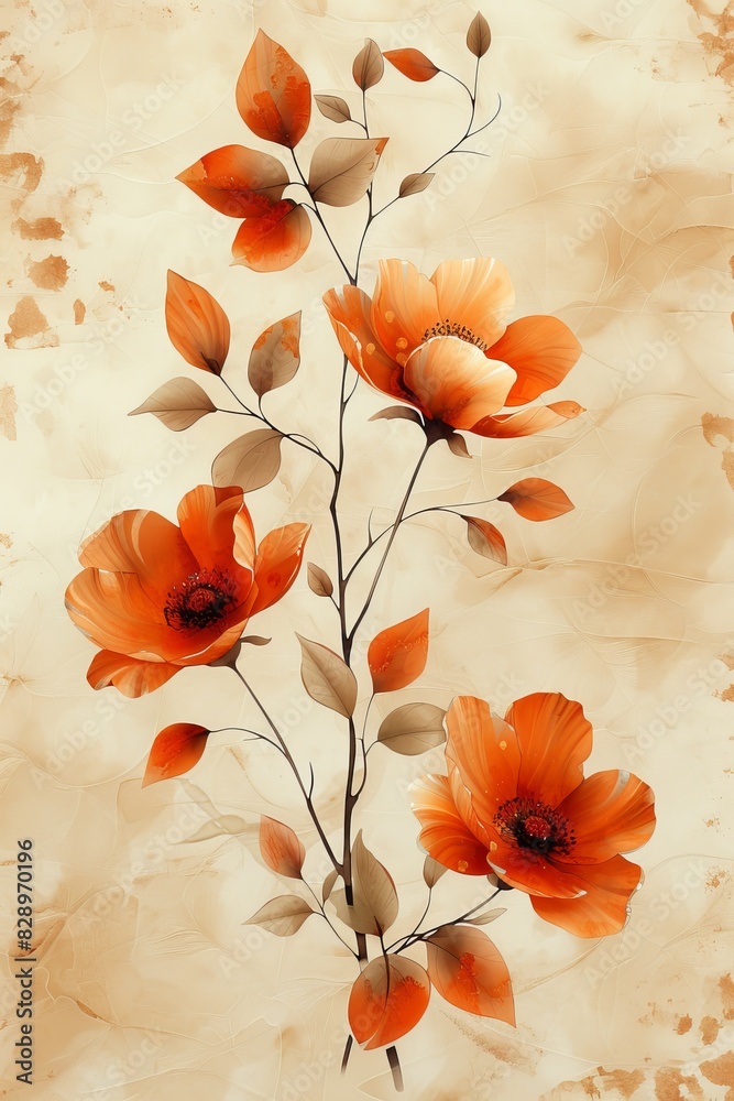 Orange Flowers Painting on Beige Background Orange Flowers Painting on Beige Background