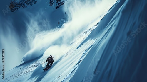 Snowboard gliding down a steep, untouched backcountry slope. photo