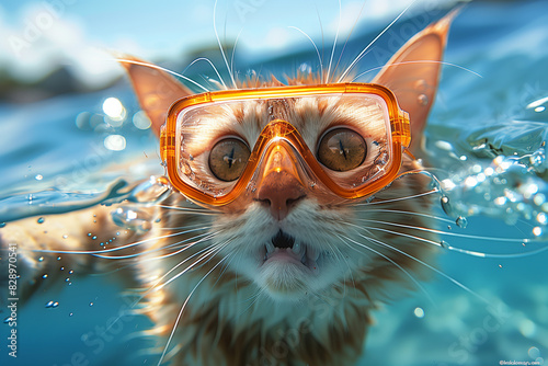 An orange cat with swim goggles, swimming underwater with a curious expression in clear blue water