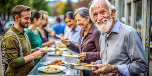 A cheerful old gray-haired poor man at a free food distribution.