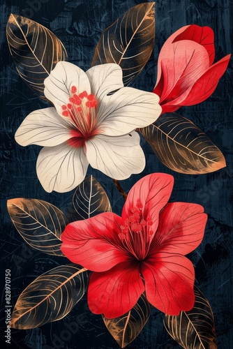 Two Red and White Flowers on Black Background