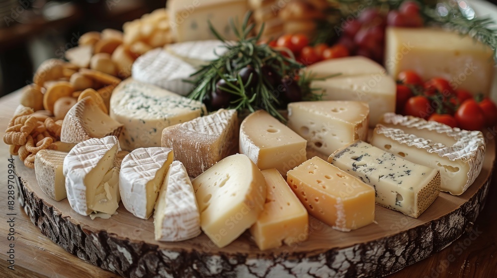 A round wooden board generously filled with various cheeses and fresh herbs, ready for tasting