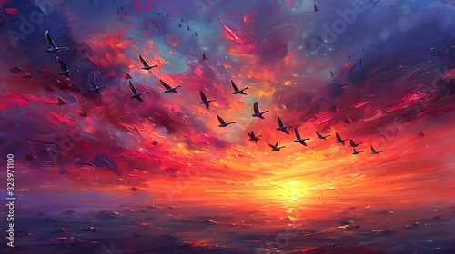 mesmerizing painting of a flock of migrating Snow Geese Anser caerulescens flying across a vivid sunset sky rendered in a surrealistic style photo
