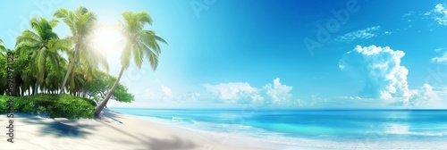 Wide panoramic view of a tropical beach with palm trees, white sand, and a clear blue sky, ideal for travel and vacation concepts