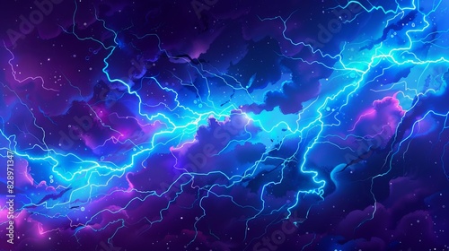 Cartoon blue lightning thunder and storm thunderbolt strike. Vector thunderstorm bolts. Cartoon electric flash effects and lightning sparks background with energy charge or anime magic blast explosion photo