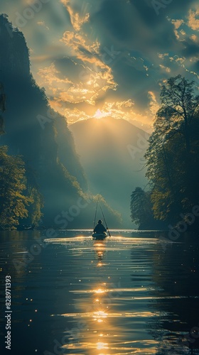 Boat Floating on River Under Cloudy Sky