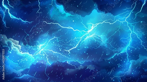 Cartoon blue lightning thunder. Storm thunderbolts strike, shock or discharge, thunderstorm and stormy weather vector background with lightning from sky
