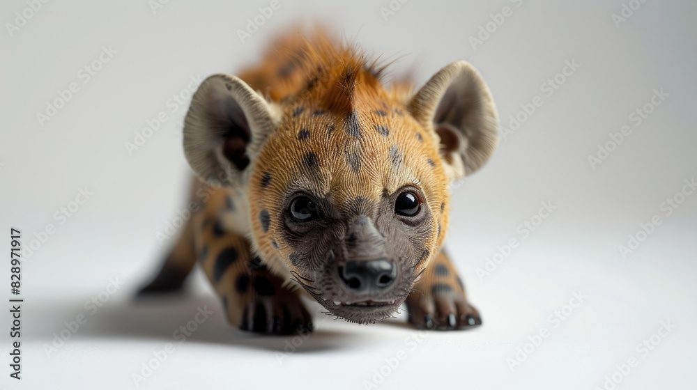 Fototapeta premium Toy miniature hyena animal in close up view on white background
