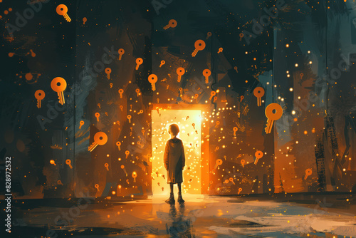 illustration painting of little boy standing in front of the keyhole with the orange light and many keys floating around him, digital art style