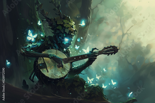 illustration painting of creature with branch head playing magic banjo string instrument with glowing butterflies.