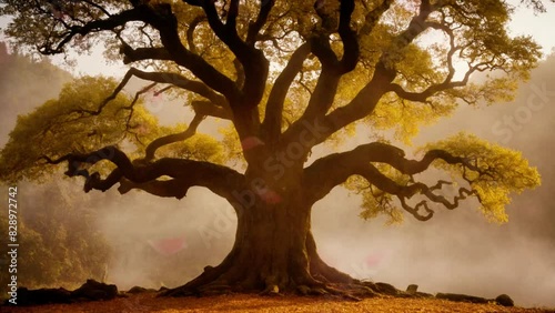 Ancient tree passing through the four seasons of the year. Zoom in on a huge tree representing the passing of time, summer, autumn, winter and spring.