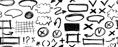 Black highlighter marker lines, scribbl , rectangles and  oval frames, underline arrows, cross and check symbol. Highlighter oval frames and hand drawn doodles vector seamless pattern.