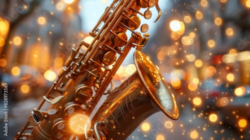 Beautiful warm bokeh lights provide a stunning backdrop for the elegant saxophone