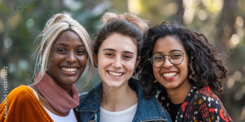 Multiracial group of young women smiling in an outdoor setting, showcasing diversity, friendship, and unity