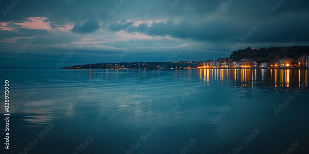 Obraz premium A serene evening scene capturing the tranquility of a coastal town as it is bathed in twilight hues, reflecting on calm waters