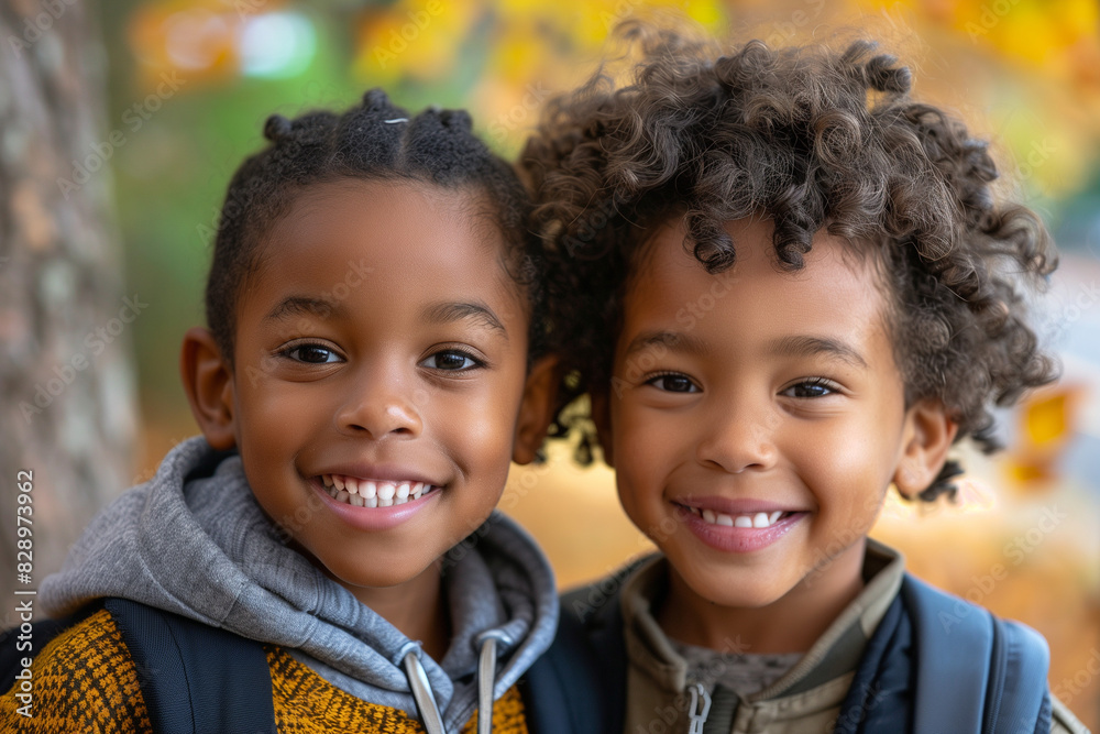 Happy Black Siblings With Backpacks Ready for Back to School or Hike Happy Black Siblings With Backpacks Ready for Back to School or Hike