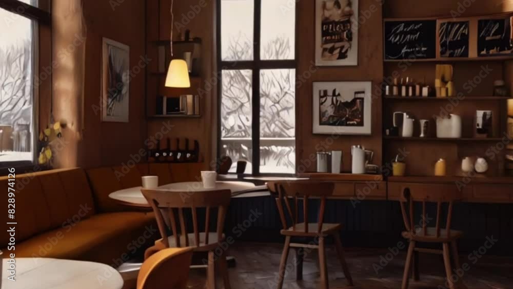 Warm and Inviting Cafe Interior with a View of Snowy Landscape Warm and Inviting Cafe Interior with a View of Snowy Landscape