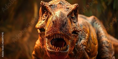 Detailed closeup photo of a technologically created Tyrannosaurus Rex . Concept Closeup Shot, Technological Creations, Dinosaur Replica, Detailed Sculpture photo
