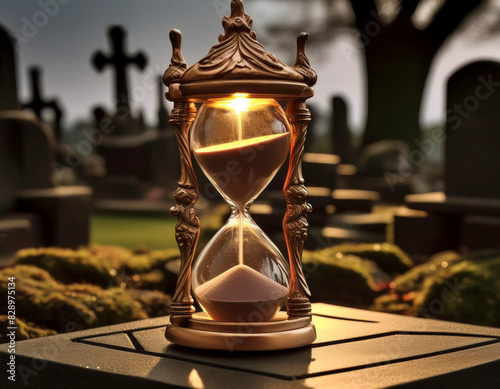 reloj de arena en un cementerio que muestra el paso del tiempo photo