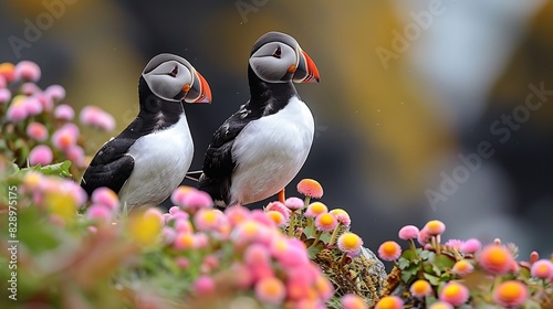 pair of young Atlantic Puffins Fratercula arctica with black and white plumage and colorful beaks found in Iceland Europe photo