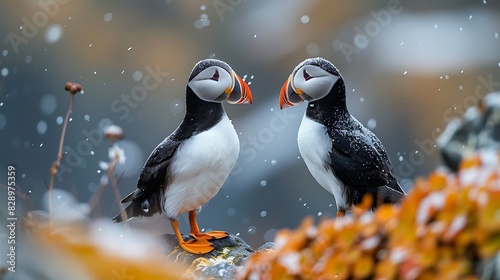pair of young Atlantic Puffins Fratercula arctica with black and white plumage and colorful beaks found in Iceland Europe photo