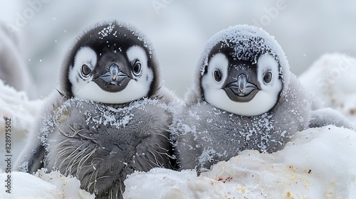 pair of young Emperor Penguins Aptenodytes forsteri with fluffy gray down found in Antarctica photo