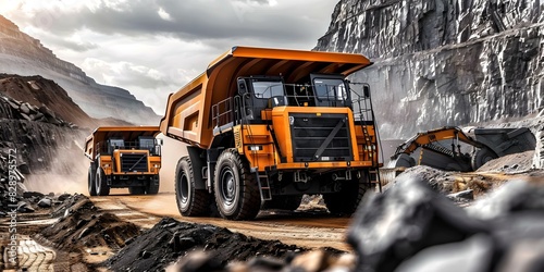 Operations of large yellow mining trucks in action at a coal quarry excavation site. Concept Coal Excavation, Mining Trucks, Quarry Operations, Heavy Machinery, Industrial Site photo