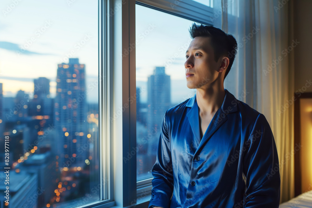 Man in blue pajamas looking out a window with a cityscape view in the evening Man in blue pajamas looking out a window with a cityscape view in the evening
