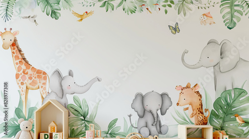 
Kids room wallpaper with animals and pastel colors. Nursery wall mural, very minimalistic drawing, white wall