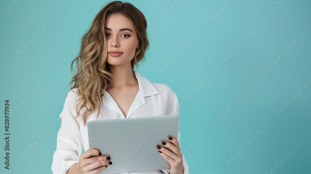 Photo portrait of pretty young woman hold netbook point empty space dressed stylish white clothes isolated on blue color background Photo portrait of pretty young woman hold netbook point empty space dressed stylish white clothes isolated on blue color background