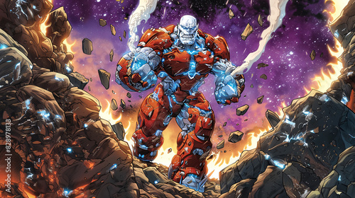 An extremely detailed action comic book illustration of an ice giant with white skin and blue eyes, wearing red armor, he is standing on brown rocks with a purple galaxy background, yellow explosions