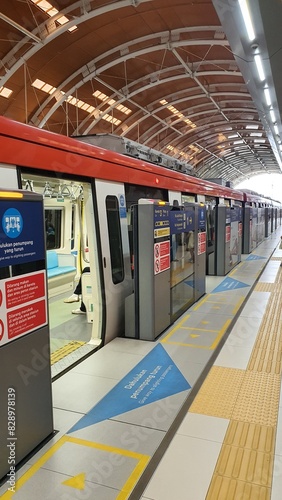 Jakarta, Indonesia – May 25, 2024: View of LRT Station Jakarta Dukuh Atas tunnel construction arch steel and railway from platform. photo