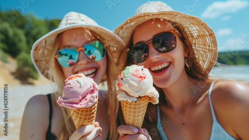 Summer, hot day. Two girls enjoying ice cream on the beach. Bright scoops of ice cream in waffle cones. Happy faces, melting ice cream, colorful drops. Summer atmosphere, green trees, blue sky. 