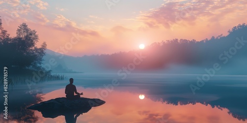 A person is meditating on a rock at the edge of a tranquil lake, with a beautiful sunrise and misty landscape in the background #828978579