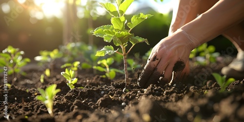 Person planting tree symbolizing global conservation under clear sky in fertile soil. Concept Environmental Conservation, Tree Planting, Global Sustainability, Nature Connection, Earth Day