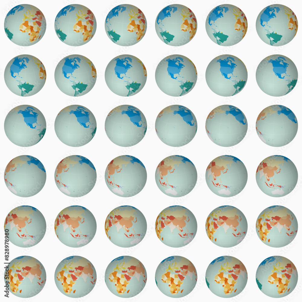 Collection of globes. Slanted sphere view. Rotation step 10 degrees. Colored countries style. World map with graticule lines on lightness background. Original vector illustration. Collection of globes. Slanted sphere view. Rotation step 10 degrees. Colored countries style. World map with graticule lines on lightness background. Original vector illustration.