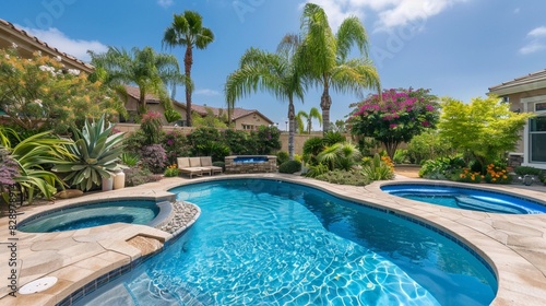 Great backyard with swimming pool, hot tub and lounge chairs. Swimming pool in backyard. Incredible swimming pool and garden with palm trees and flowers in a sunny day