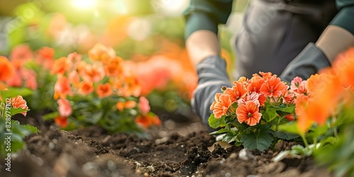 Gardener sharing tips and techniques for planting and caring for flowers in a garden. Concept Gardening tips, Flower care techniques, Planting advice, Gardening tools, Flower garden design photo
