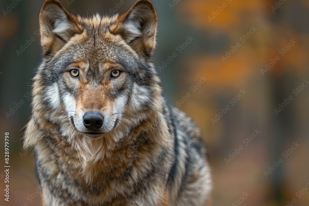 An older male wolf is standing in the forest, high quality, high resolution